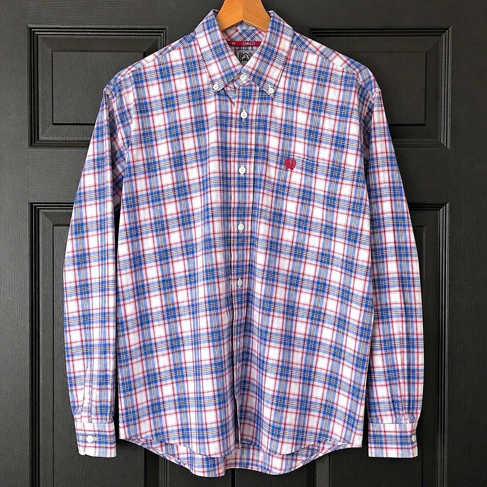 Cinch Men's XS Blue Red White Plaid Cotton Woven Button-Down Shirt Pockets